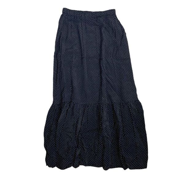 Vintage Luna Polka Dot Maxi Skirt S Black White Gathered Elastic Waist Ruffle